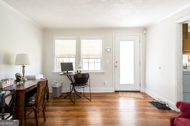 5605 Ga Highway 121, Blackshear, GA 31516 - office area with hardwood / wood-style flooring, crown molding, a textured ceiling, and baseboards