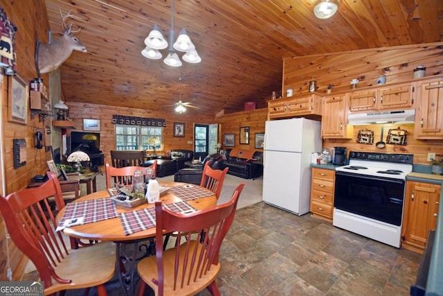 dining area with wood ceiling, wood walls, high vaulted ceiling, and ceiling fan with notable chandelier