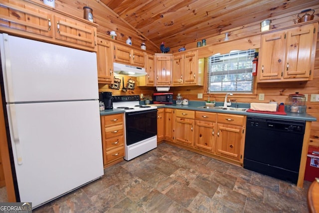 kitchen featuring lofted ceiling, wooden ceiling, black appliances, and sink