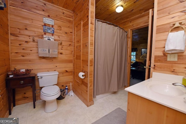 bathroom featuring vanity, wooden walls, and wood ceiling