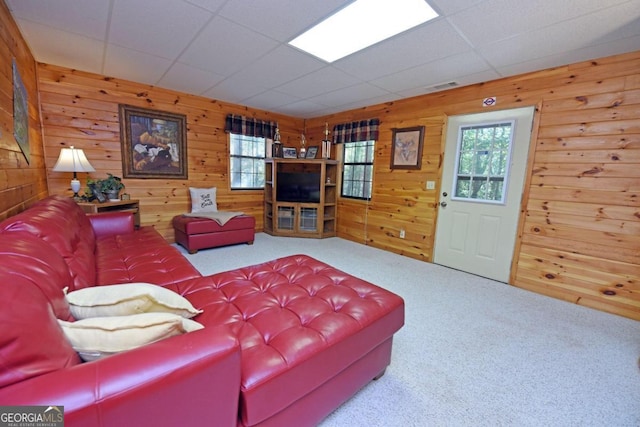 carpeted living room featuring a drop ceiling and wooden walls