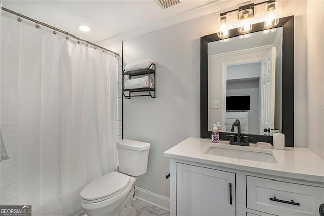 bathroom featuring vanity, crown molding, a shower with curtain, and toilet