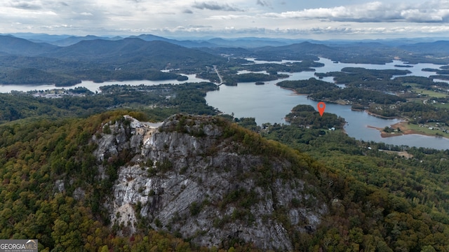 bird's eye view with a water and mountain view