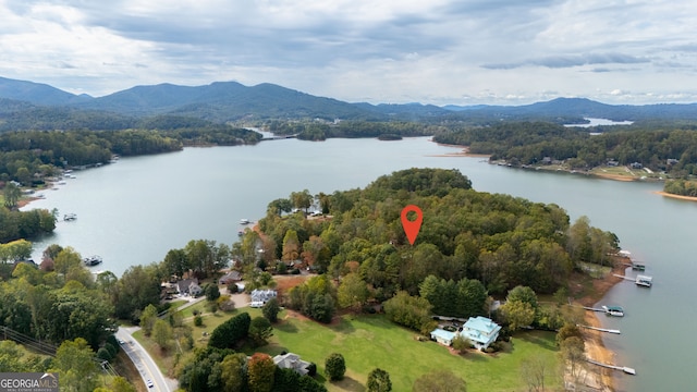 drone / aerial view with a water and mountain view