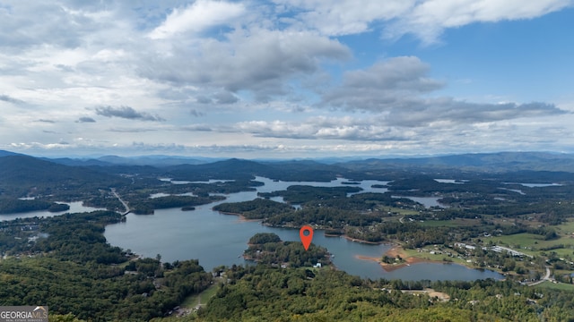 birds eye view of property featuring a water and mountain view