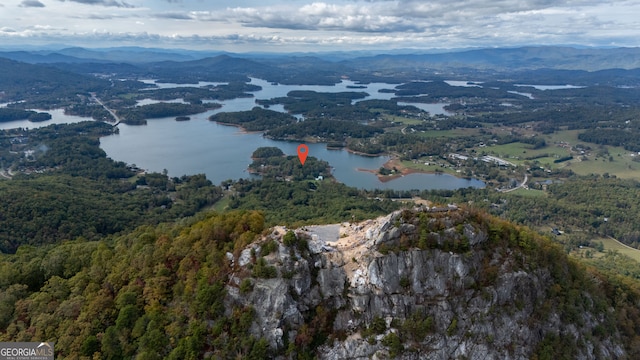 drone / aerial view featuring a water and mountain view