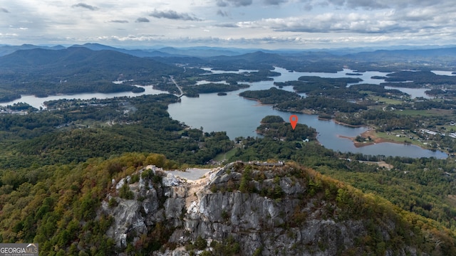 bird's eye view with a water and mountain view