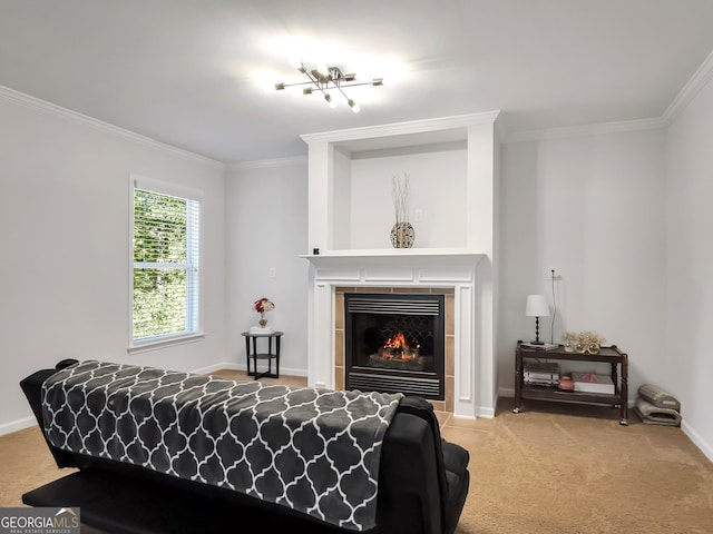 carpeted living room with a tiled fireplace and ornamental molding