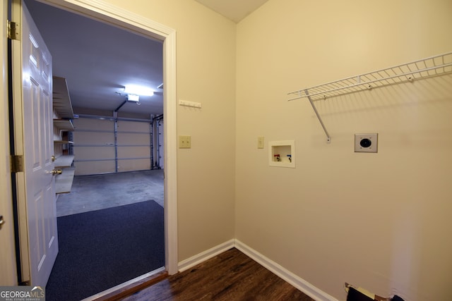 washroom with electric dryer hookup, washer hookup, and dark hardwood / wood-style floors