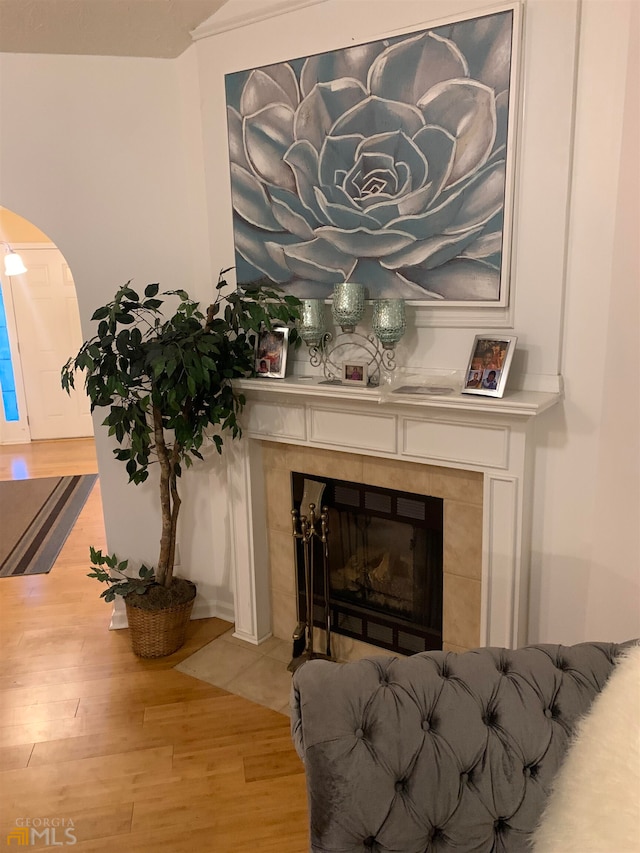 details featuring wood-type flooring and a tile fireplace