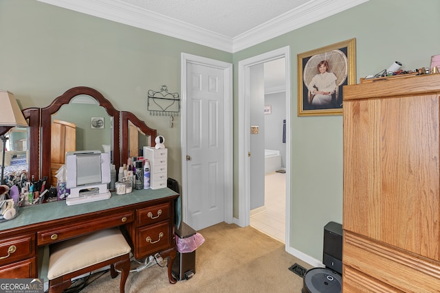 office featuring a textured ceiling, ornamental molding, and light colored carpet