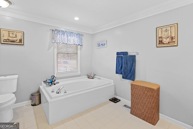 bathroom featuring toilet, a tub to relax in, ornamental molding, and tile patterned flooring