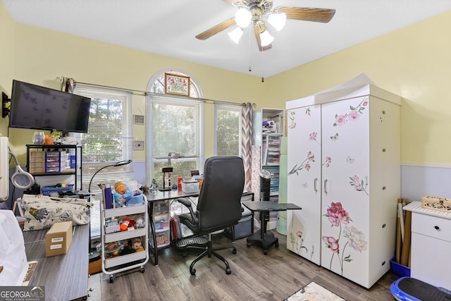 office space with light hardwood / wood-style flooring, ceiling fan, a textured ceiling, and plenty of natural light