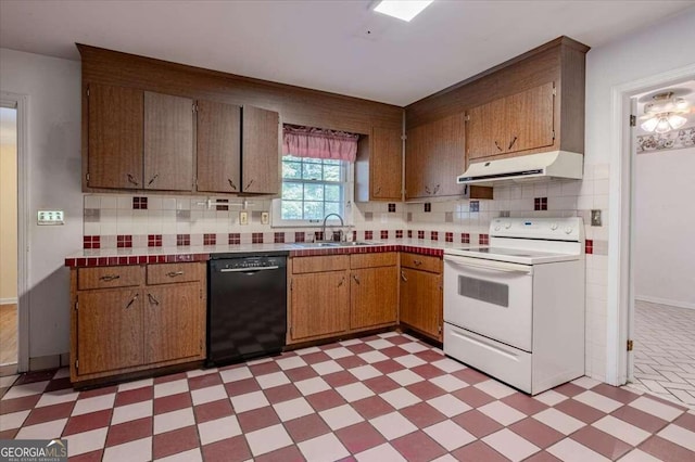 kitchen with electric range oven, dishwasher, tasteful backsplash, and sink