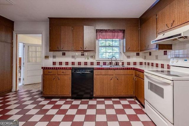 kitchen with decorative backsplash, dishwasher, sink, and white range with electric cooktop