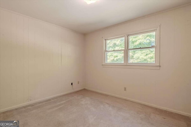 carpeted empty room with wood walls and ornamental molding