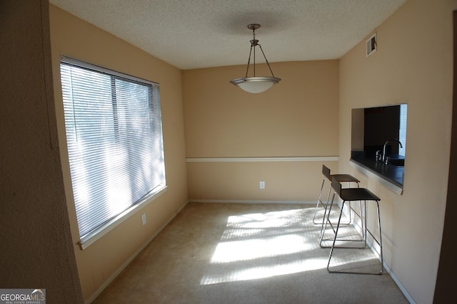 unfurnished dining area with light carpet, sink, and a textured ceiling