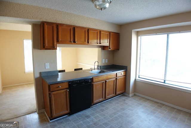 kitchen with sink, a textured ceiling, and black dishwasher