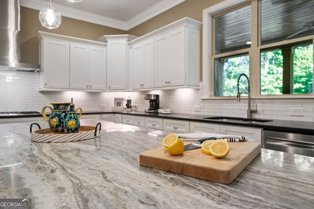 kitchen with sink, ventilation hood, dark stone counters, and tasteful backsplash