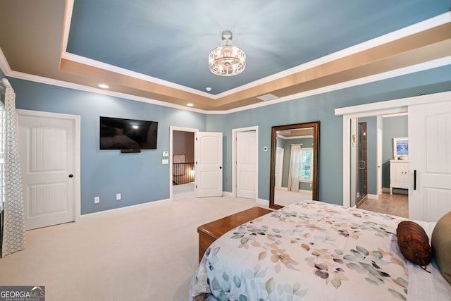 bedroom with crown molding, light colored carpet, and a raised ceiling