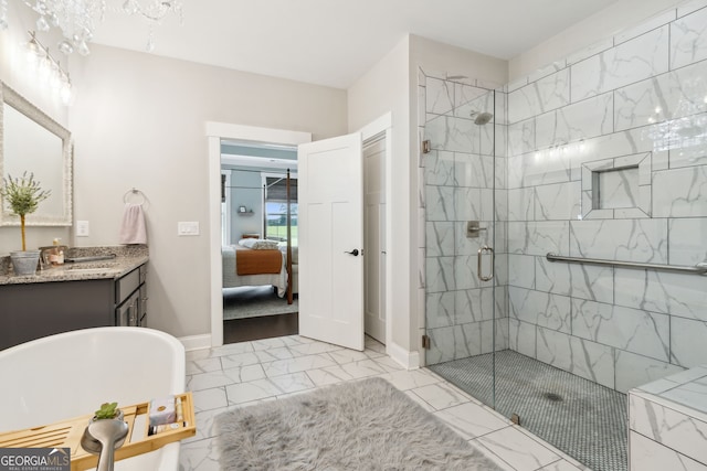 bathroom featuring vanity and plus walk in shower