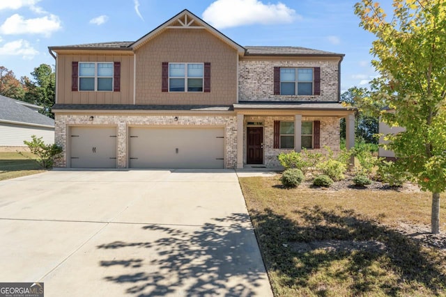 craftsman-style house with a garage, board and batten siding, concrete driveway, and brick siding