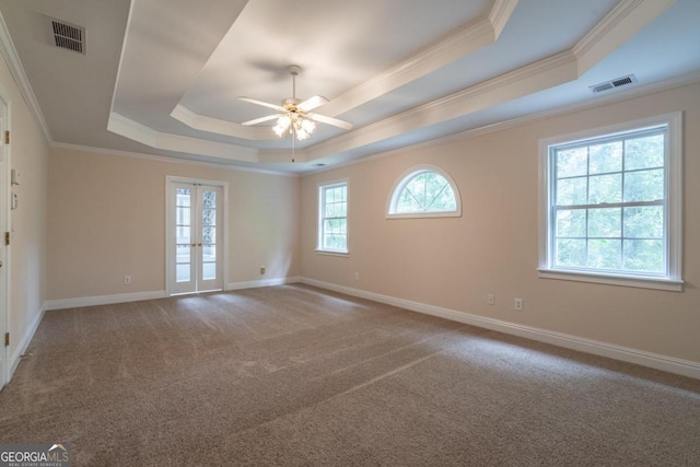 empty room with crown molding, carpet flooring, and a raised ceiling