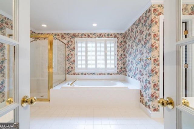 bathroom featuring independent shower and bath and crown molding