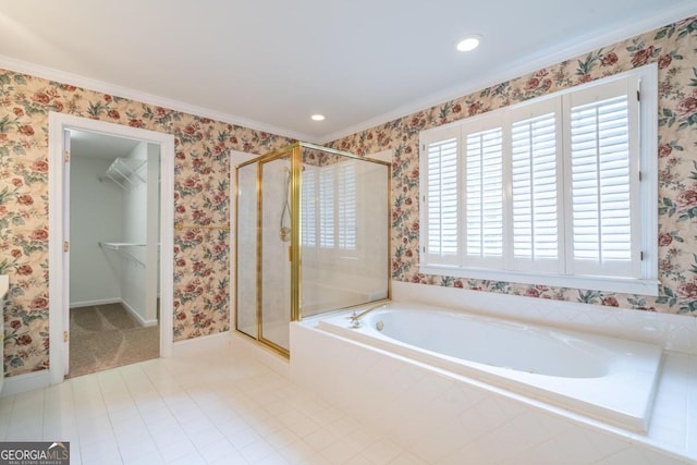 bathroom featuring crown molding and shower with separate bathtub