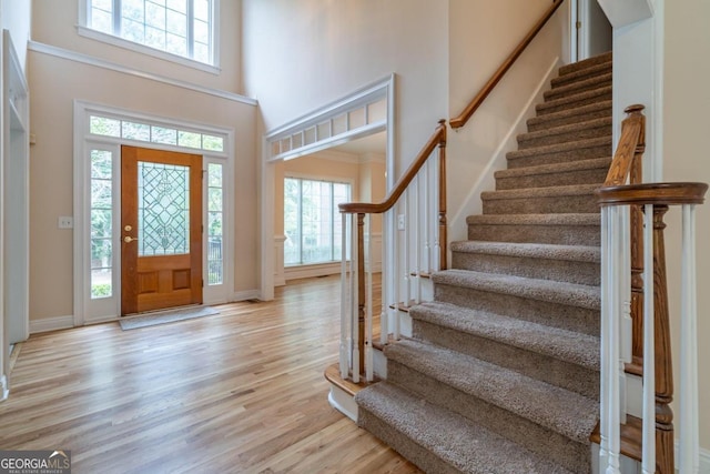 entryway featuring light hardwood / wood-style floors, a healthy amount of sunlight, and a towering ceiling