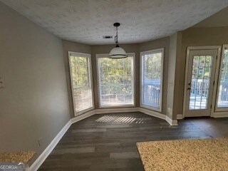 unfurnished dining area with a wealth of natural light and dark wood-type flooring