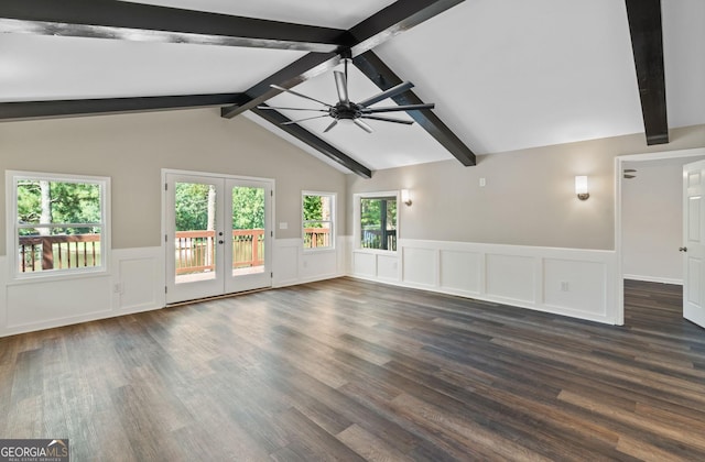 unfurnished living room with vaulted ceiling with beams, ceiling fan, dark hardwood / wood-style flooring, and french doors