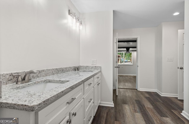 bathroom featuring hardwood / wood-style floors and vanity