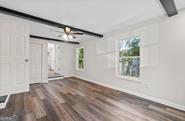 interior space with ceiling fan, dark hardwood / wood-style floors, beam ceiling, and a wealth of natural light