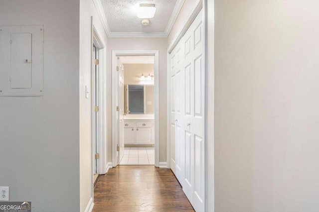 corridor with crown molding, a textured ceiling, electric panel, and dark hardwood / wood-style flooring