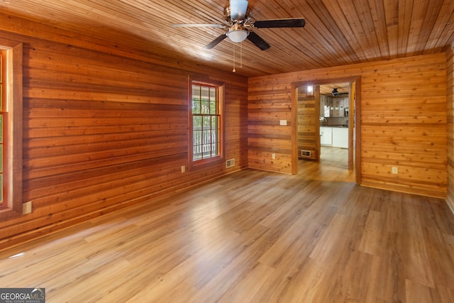 unfurnished room featuring light hardwood / wood-style floors, wood walls, wood ceiling, and ceiling fan