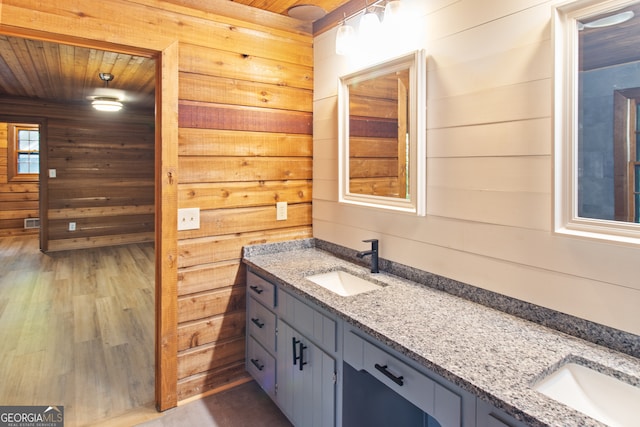 bathroom featuring vanity, wood ceiling, wood-type flooring, and wooden walls