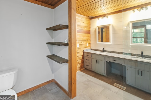 bathroom featuring toilet, vanity, wooden ceiling, and wooden walls