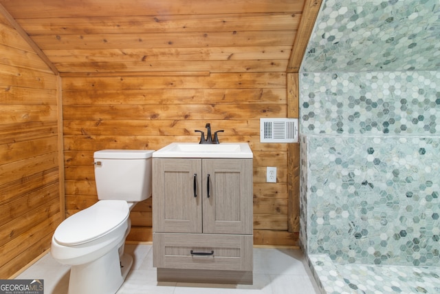 bathroom featuring wooden ceiling, a shower, toilet, wood walls, and vanity