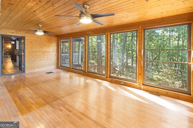 unfurnished sunroom featuring wooden ceiling and ceiling fan