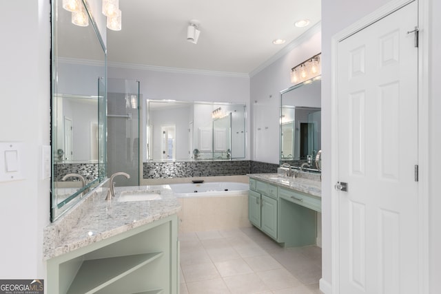 bathroom featuring vanity, crown molding, separate shower and tub, and tile patterned flooring