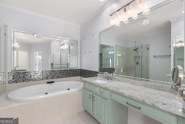 bathroom featuring vanity, crown molding, independent shower and bath, and tile patterned flooring