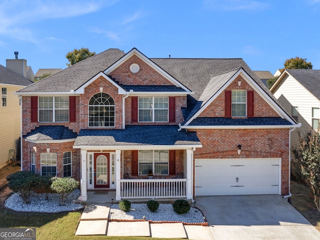 front facade featuring a porch and a garage