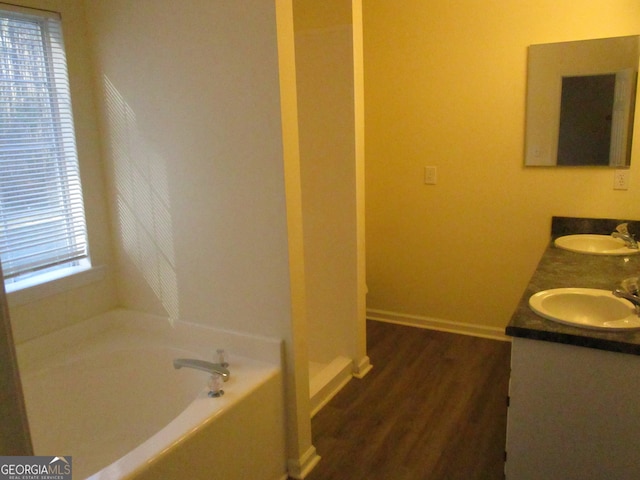 bathroom featuring vanity, wood-type flooring, and a bath