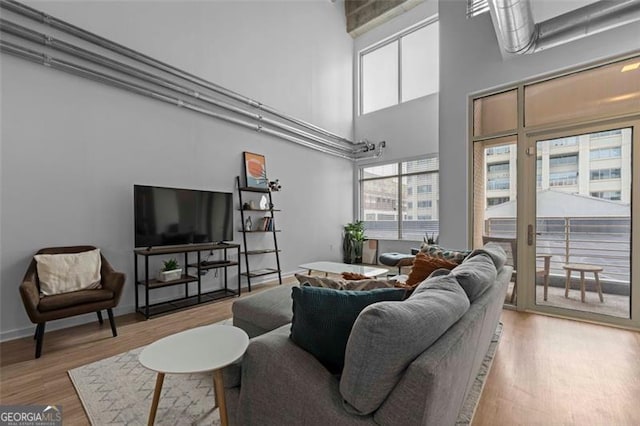 living room featuring light hardwood / wood-style flooring and a high ceiling