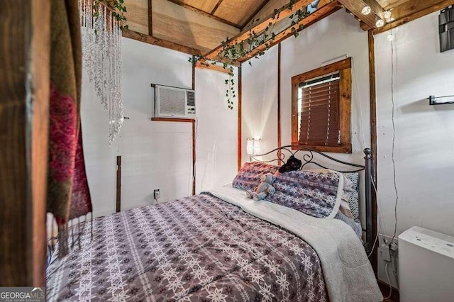 bedroom featuring wooden ceiling, vaulted ceiling, and a wall unit AC