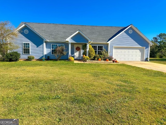 ranch-style house with a front lawn and a garage