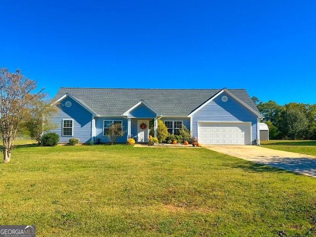 single story home featuring a front yard and a garage