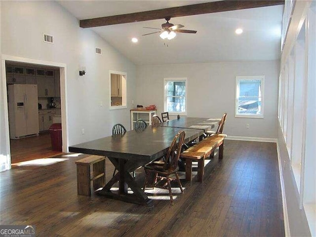 dining area with beamed ceiling, dark hardwood / wood-style floors, high vaulted ceiling, and ceiling fan