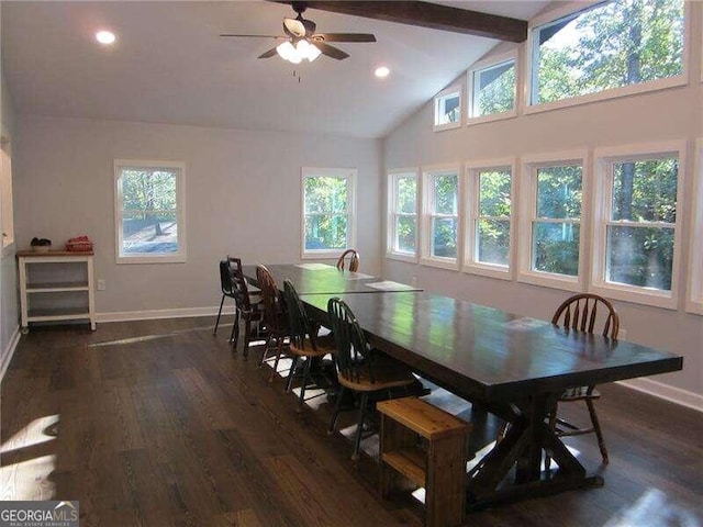 dining space featuring dark wood-type flooring, ceiling fan, high vaulted ceiling, and beamed ceiling